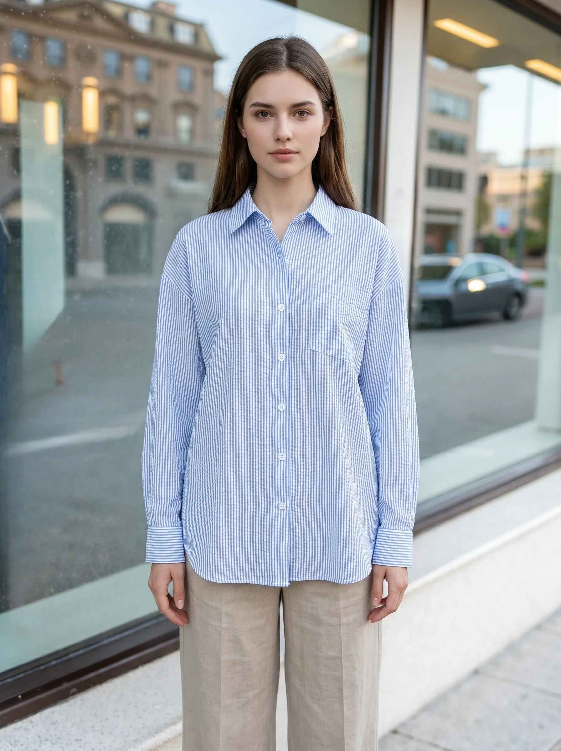 Rosa Fera Damen Gestreiftes Hemd mit Knöpfen, Langarm, Locker Geschnitten, Lässige Büro-Bluse – Detail 7