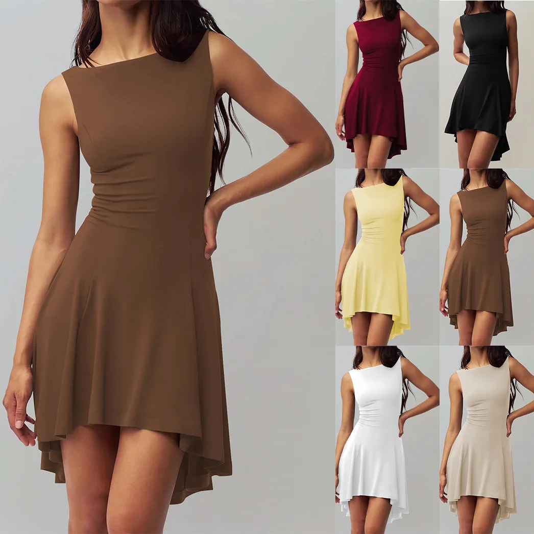 

Women's Sleeveless Skater Dress Asymmetrical Neck Ruched Waist High Low Hem Casual Party Dress