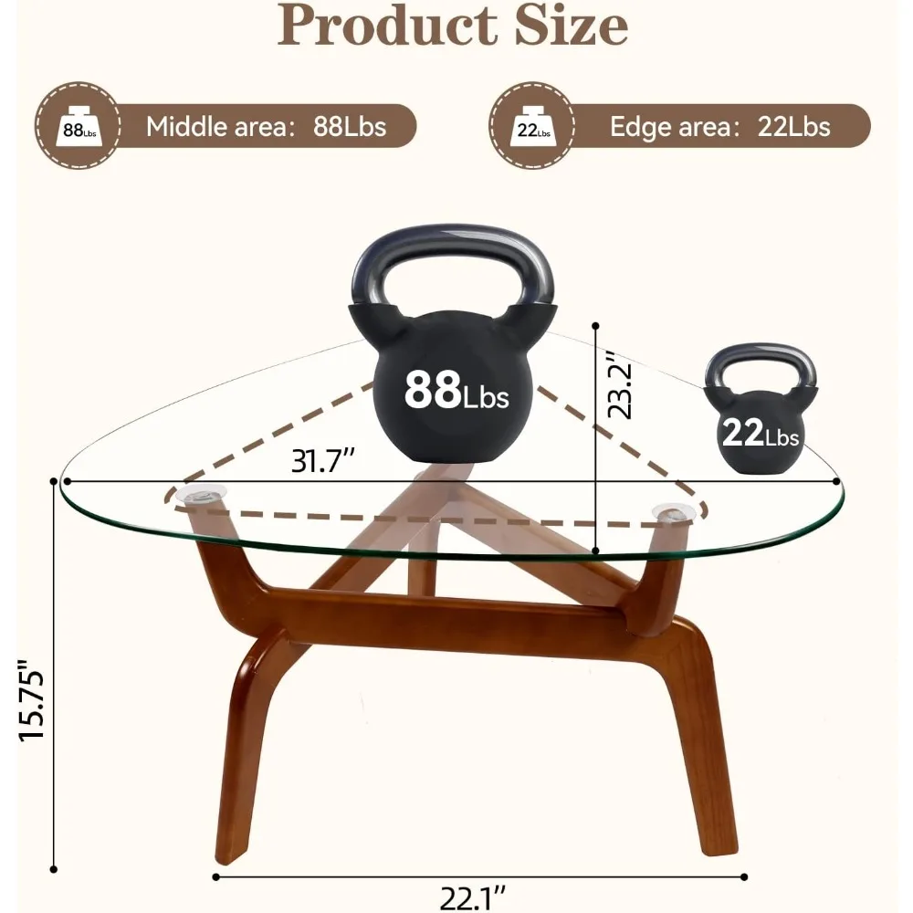 Contemporary Tempered Glass Coffee Table with Rubber Wood Triangle Base for Living Spaces