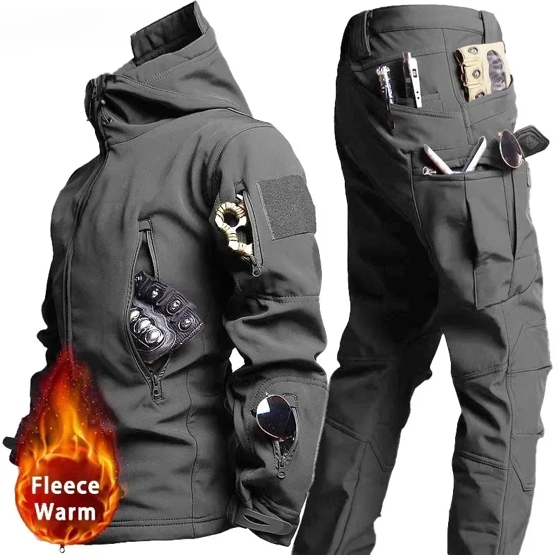 Tactical Waterproof Men Camo Set Soft Shell Fleece Winter Combat Suit Windbreak Warm Multi Pocket Outdoors Training Uniform