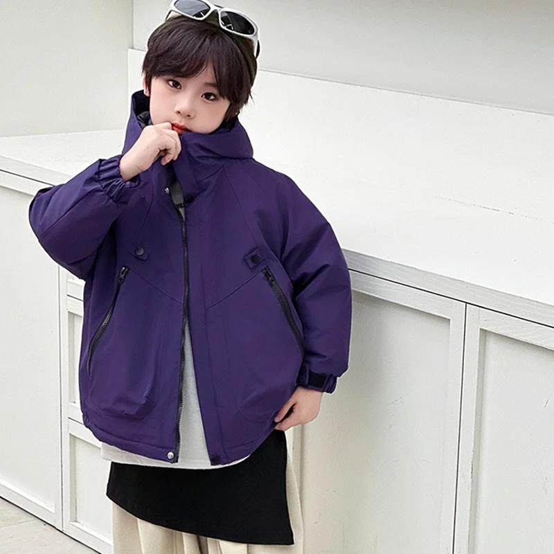 2026 Kids Winter Hooded Cotton Jacket Plush Warm Solid Color Coat Boys Girls Outdoor Sports Windproof Waterproof Outerwear 5-14Y