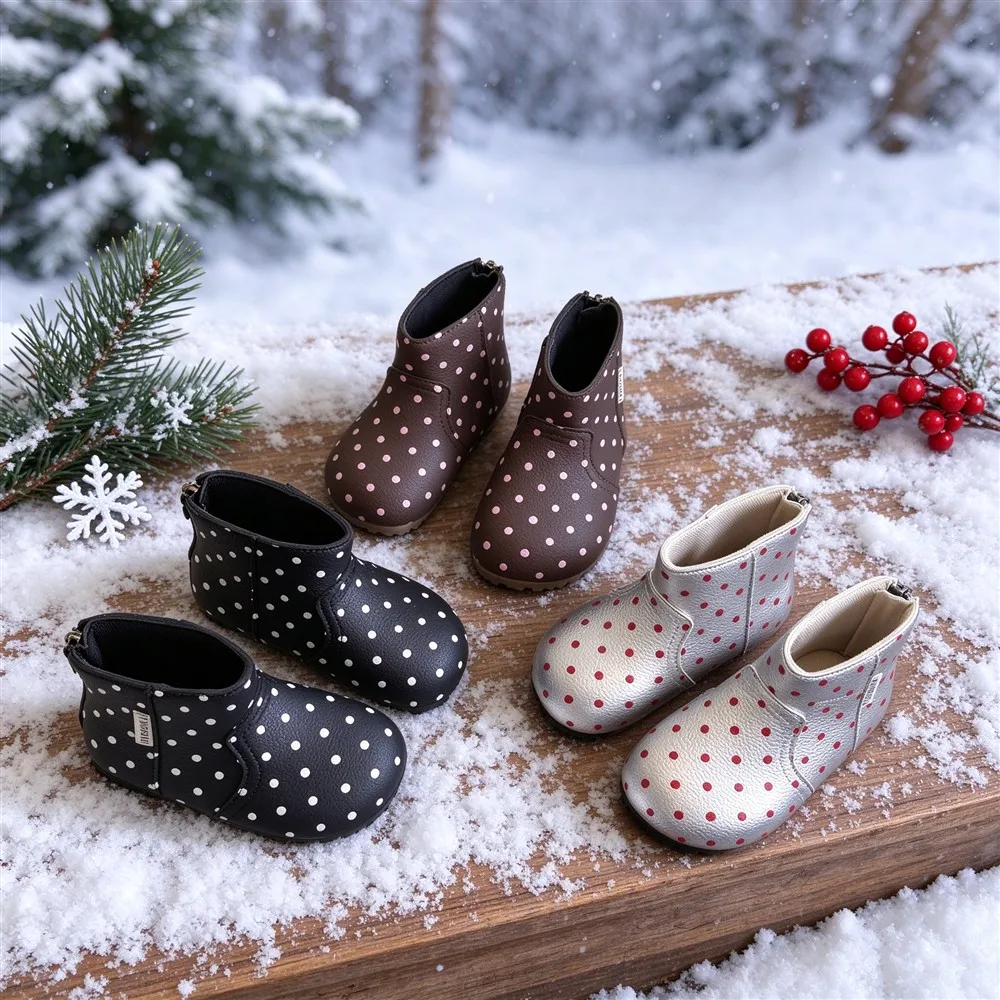 Toddler Girls Polka Dot Ankle Boots, Rear Zipper, Cute Round Toe Non Slip Soft Sole Boots for Baby Daily Walking & Casual Wear
