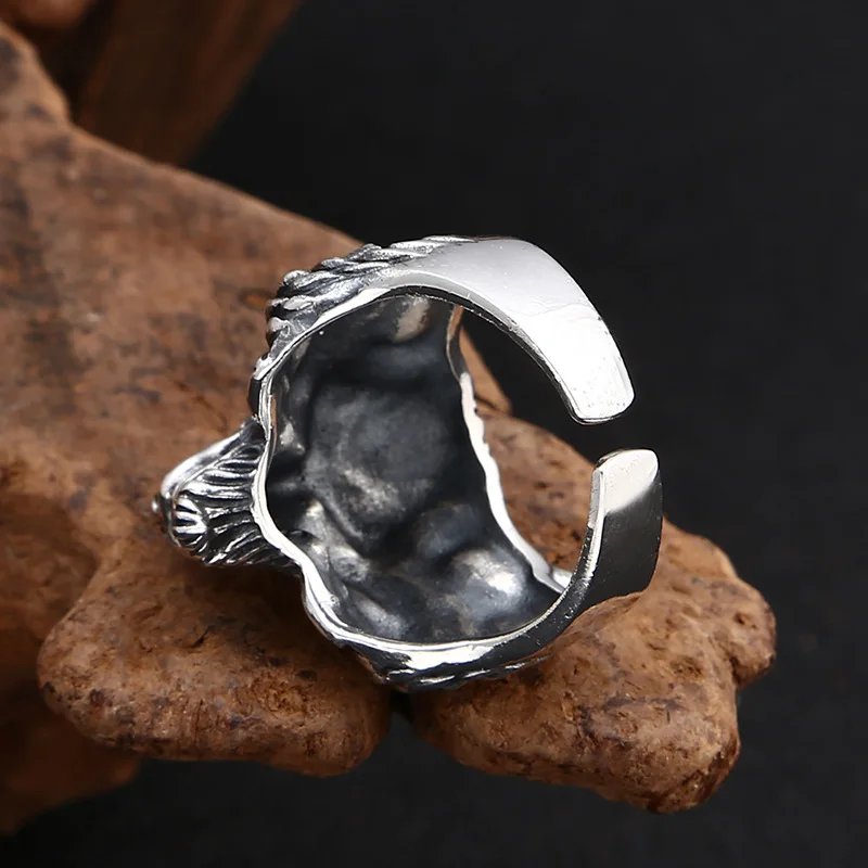 Bague d'ouverture en argent regardé pour hommes et femmes, ornement de mode, vintage, thaïlandais, personnalité, tête de loup dominatrice