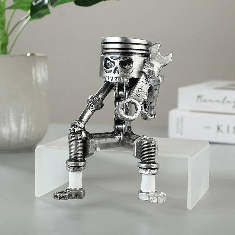 Handmade Piston Man Skull Face Art Figurine Carved Skeleton Face Sculpture Home Office Desktop Decor Ornament