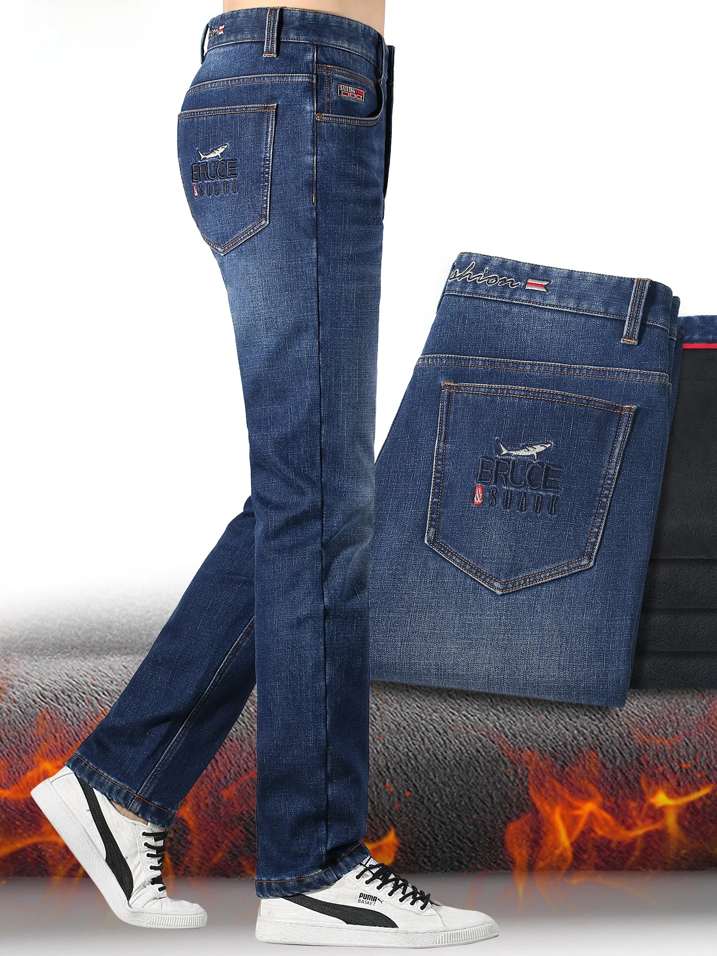 

Men's Fce Lined Denim Jeans Straight Leg Thiened Autumn Winter Bruce & ark Brand Casual Comfortable Faionable Trousers