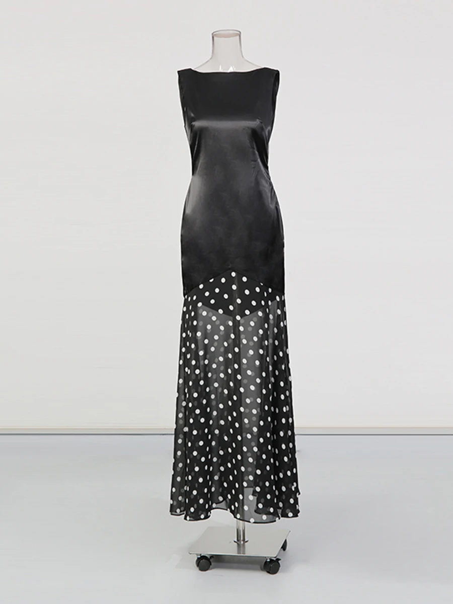 CHICEVER-vestido negro con estampado de puntos empalmados para mujer, cuello redondo, sin mangas, adelgazante, suave, intelectual, moda de verano