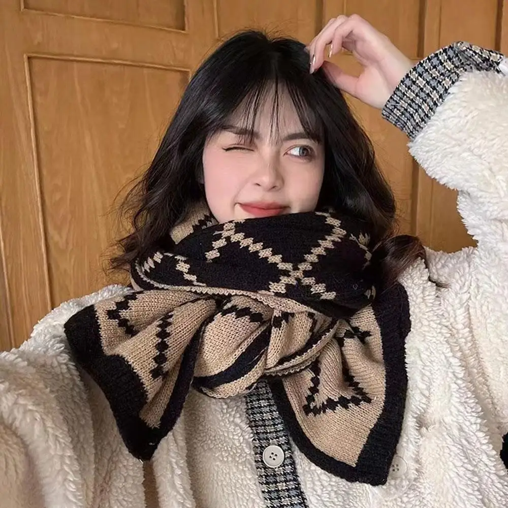New Korean Style Plaid Knitted Scarf Winter Thicken Warm Wool Neck Warmer High Level Woolen Scarf For Students Luxury Scarf Wrap