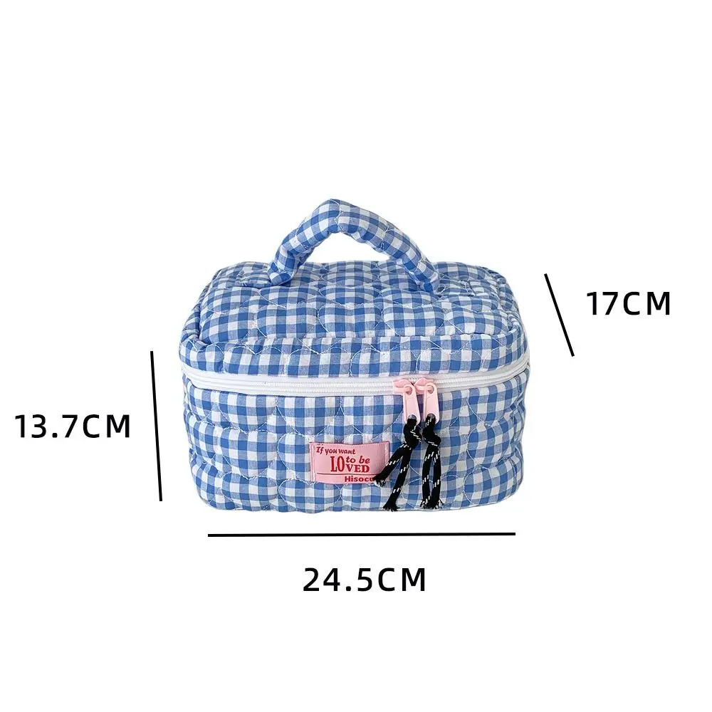 Portable Fresh Grid Makeup Bag Quilted Love Design Handheld Cosmetic Pouch Toiletries Bag Home