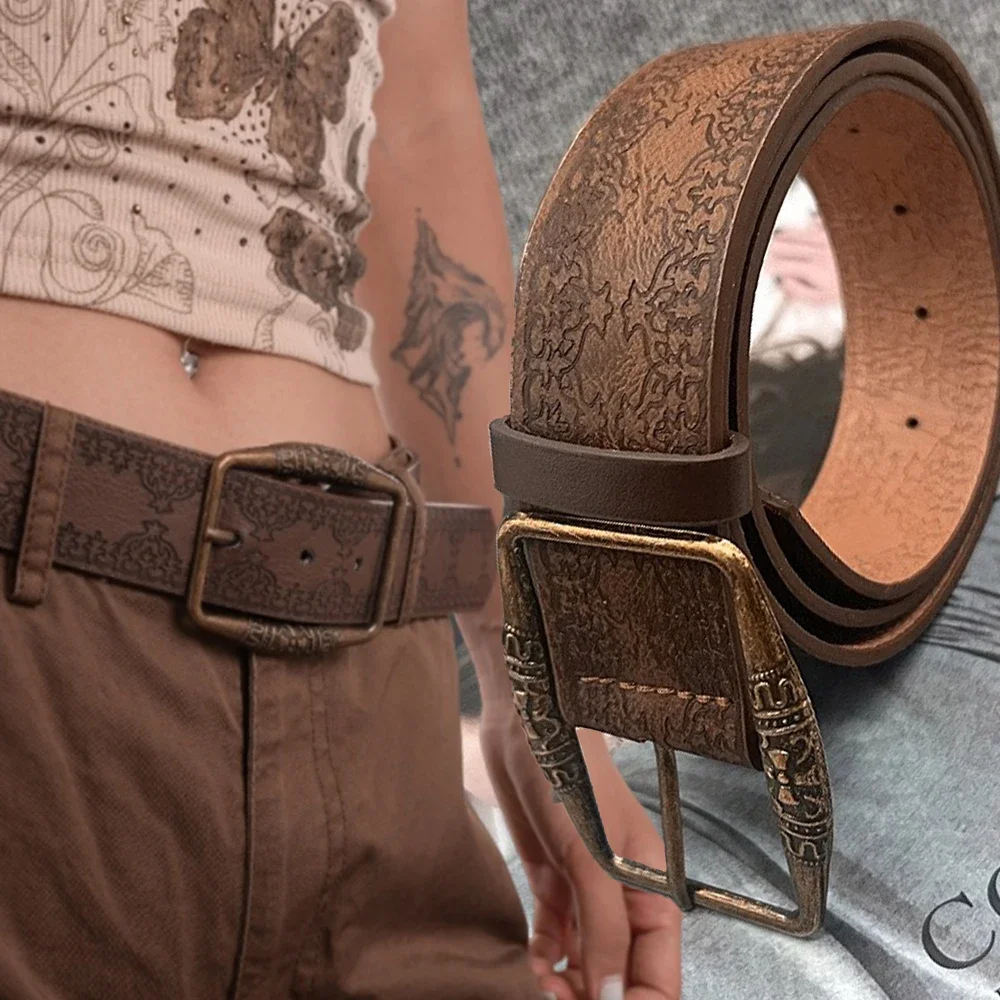 Western Brown PU Vintage Belt Female Cowgirl Waist Belt Designer Belts for Women Jeans Y2K Vintage Printed Pin Buckle Belts