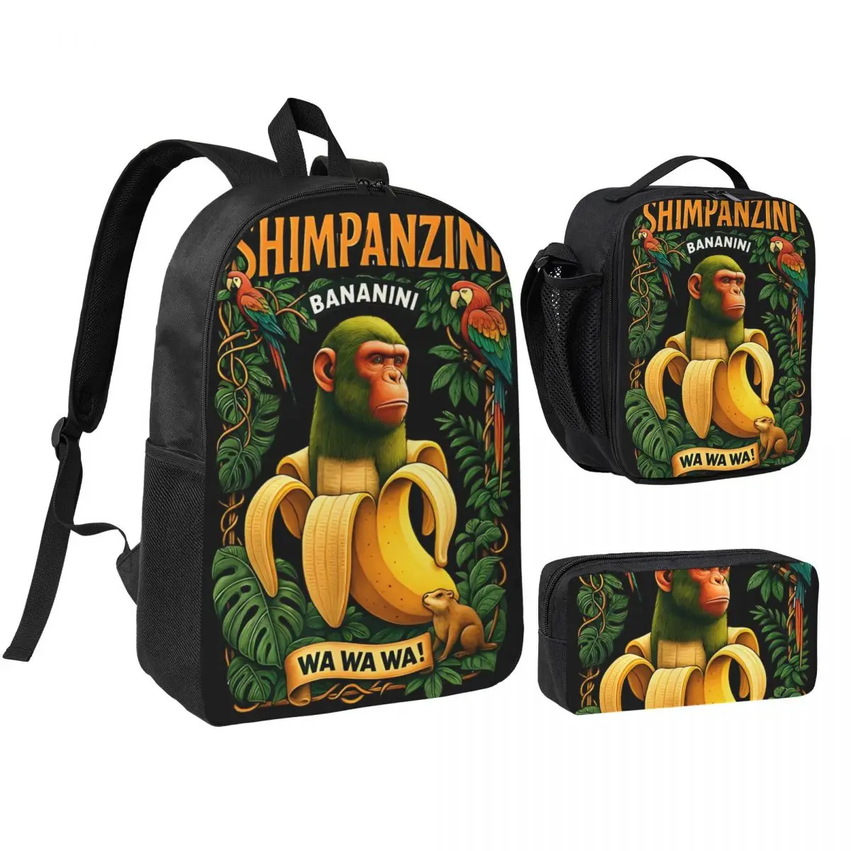 3pecs/set Shimpansinni Bananini, Monkey Banana Backpack Italian Brainrot College Shoulder Bag Lunch bag Pencil Case