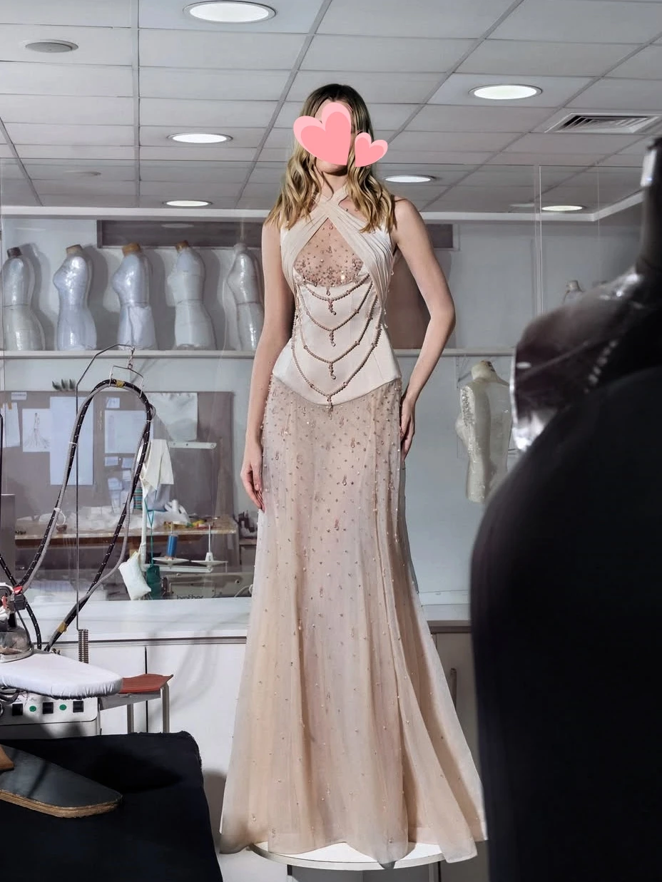 

Other Shore Elegant Vintage Sweet Sexy Champagne Crystal Beads Backless Customize Formal Occasion Prom Dress Evening Party Gowns