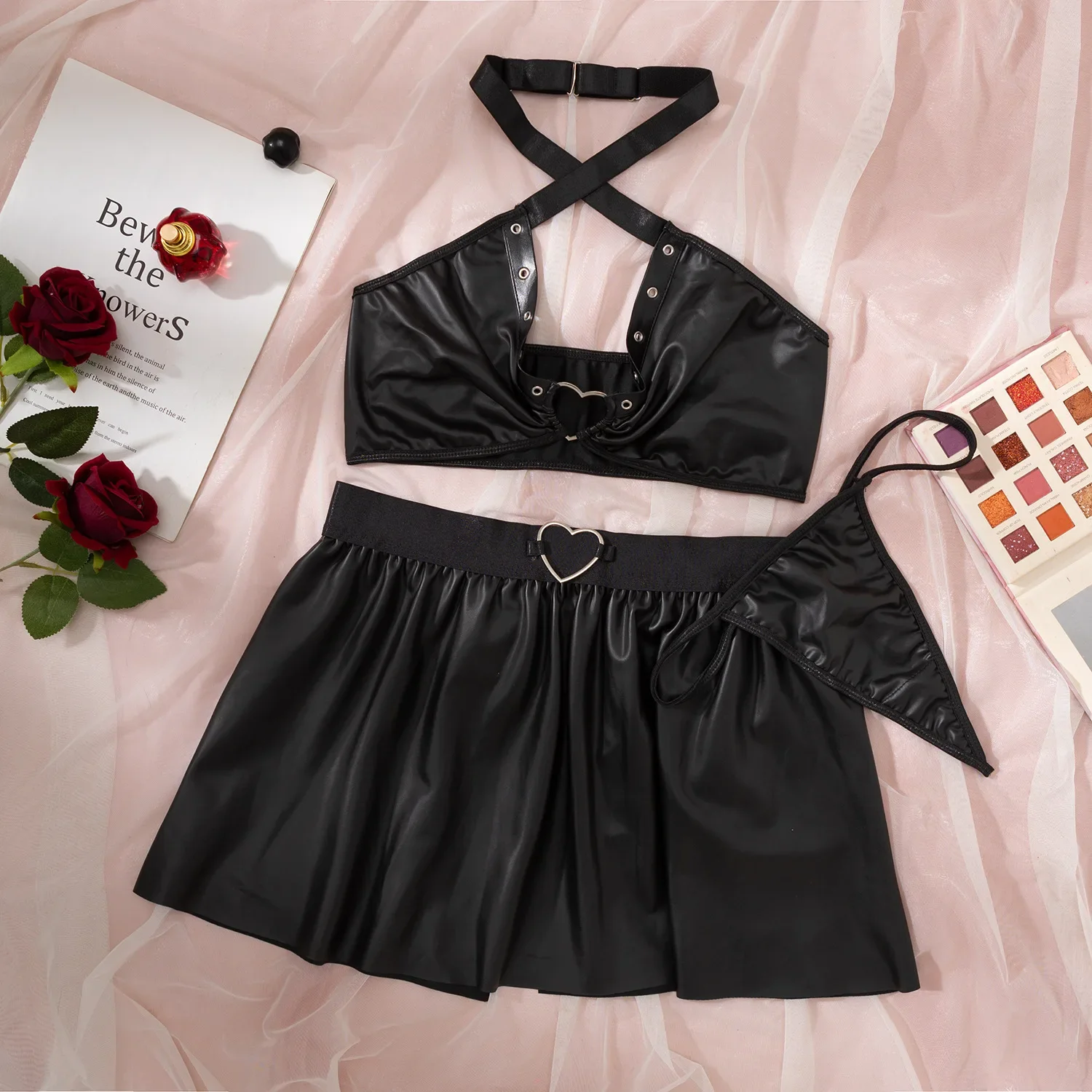 

Women Naughty Lingerie Set Heart Ring PU Leather Halter Tops High Rise Skirt G-String Thongs 3 Piece Outfit