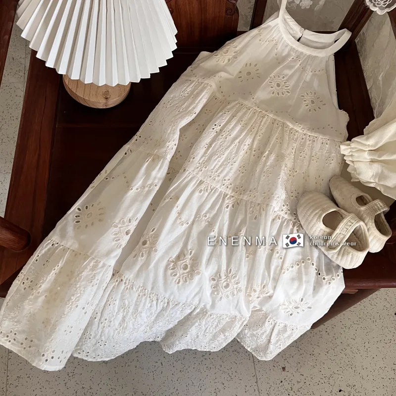 Summer Solid Color Casual Girl Dress 2-7 Year Old White Mid Length Suspender Dress Cotton Wear Plain Kids Clothing