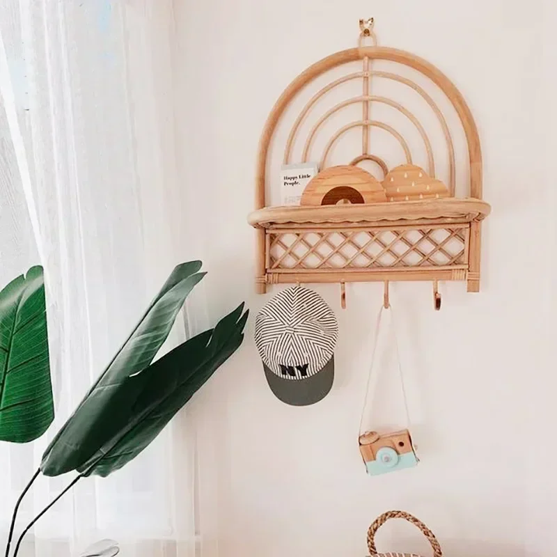 

Vintage Style Rattan Doll Clothes Coat Hanger Hook Bathroom Home Living Room 2 Tiers Rattan Wall Mounted Hanging Shelves