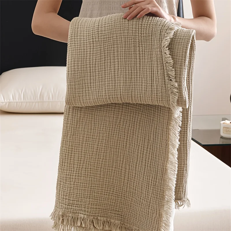 

Elegant Fringe Throw Blanket - 4-Layer Gauze All-Season Lightweight Design for Sofa, Bed, Camping & Travel - Machine Washable
