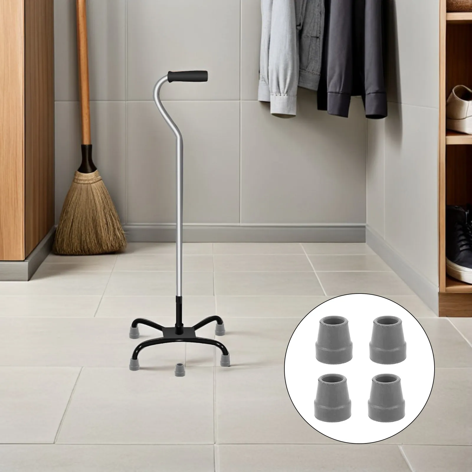 4Pcs Replacement Rubber Quad Cane Tips Non-Slip Walking Stick Foot Pads Grey Walking Aid Stable Grip for Outdoor Indoor