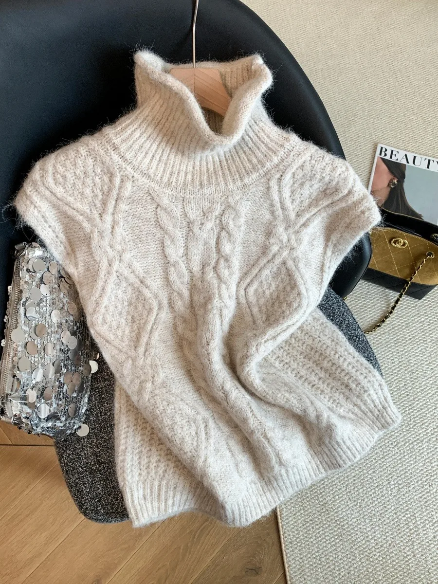 เสื้อกั๊กไหมพรมคอสูงทรงหลวมสำหรับผู้หญิง แฟชั่นฤดูใบไม้ร่วงฤดูหนาว เสื้อท่อนบนทรงสลิม สวมใส่สบาย เนื้อผ้านุ่ม สีสันสดใส เหมาะสำหรับใส่ไปทำงาน