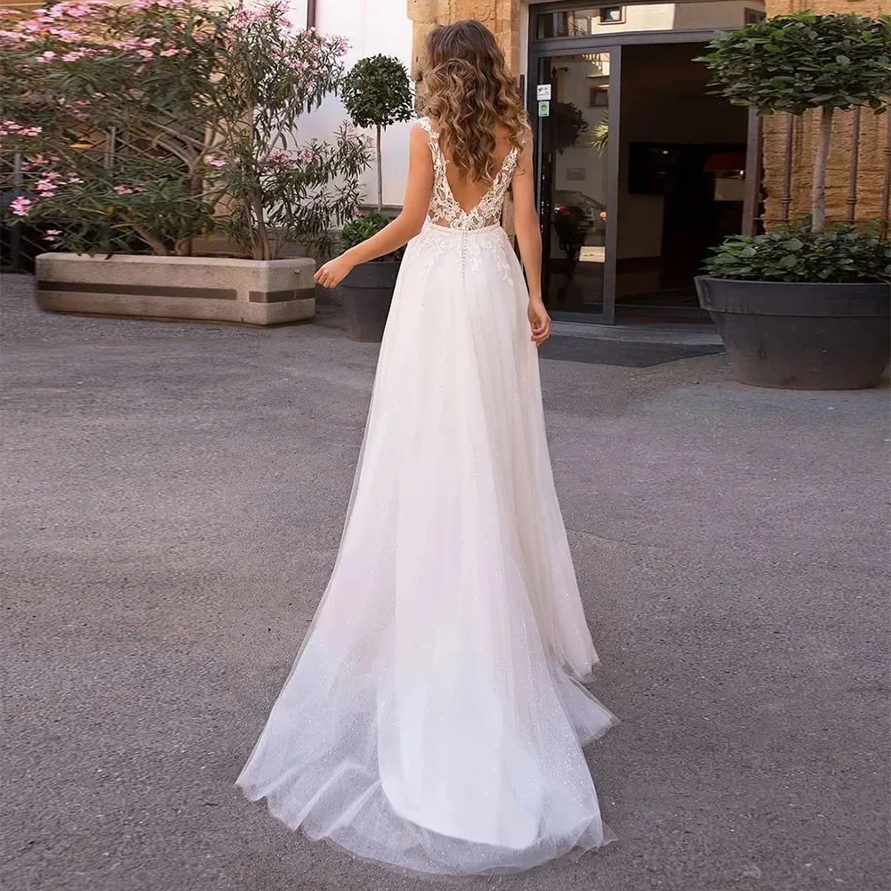 Elegant White A-Line Chiffon Decal Women's Wedding Dress New Sexy V-Neck Split Party bridal gown Vestido De Noiva Customized