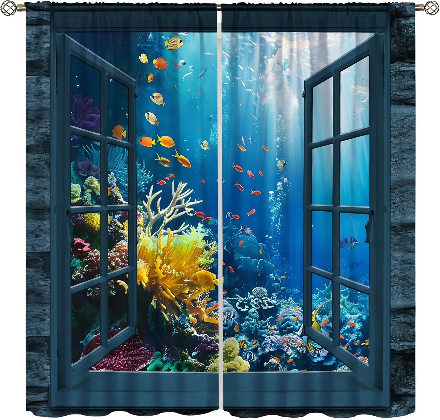 Ocean Animals Window Curtains Deep Sea Fish Coral Plants Underwater World Window Drapes for Bedroom Living Room Nursery