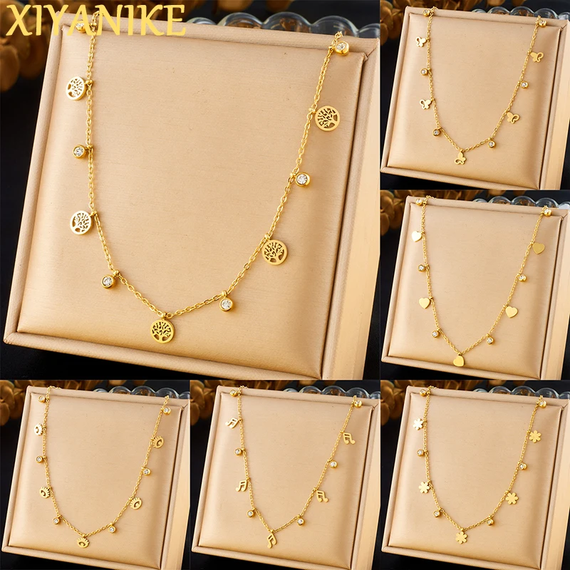 XIYANIKE 316L Stainless Simple Classic Many Small Ornaments Necklace Tree Of Life Note Eye Flower Trinketry Women Clavicle Chain