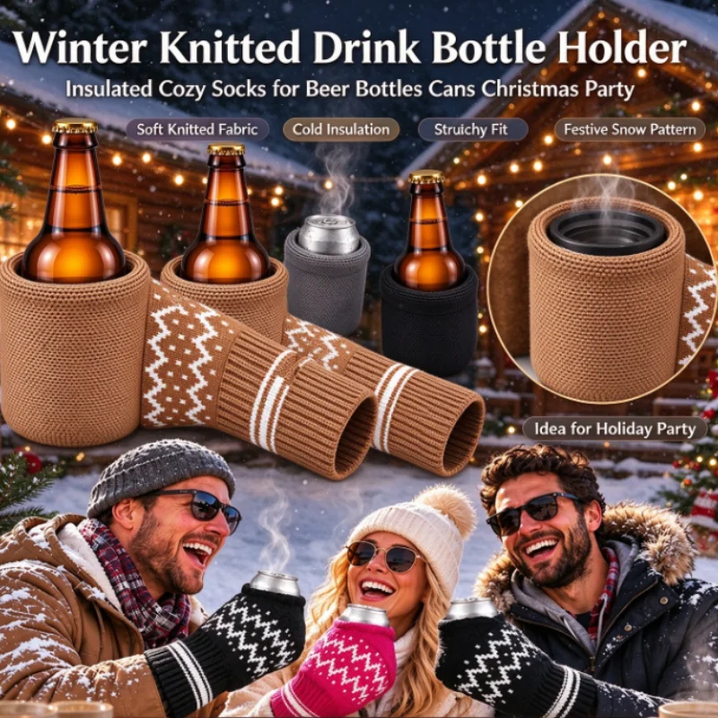 Winter Knitted Beer Mitten Gloves Stretch Full Finger Warm Hand Protector for Outdoor Camping Picnic Low Temperature Daily Party