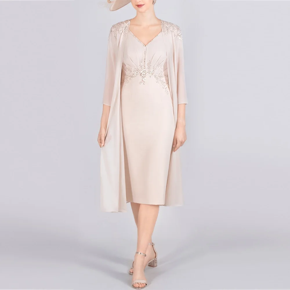 

Two Piece Mother of the Bride Dresses 2023 V-neck Chiffon Wedding Guest Gowns with Beads Applique Dress Women for Wedding Party