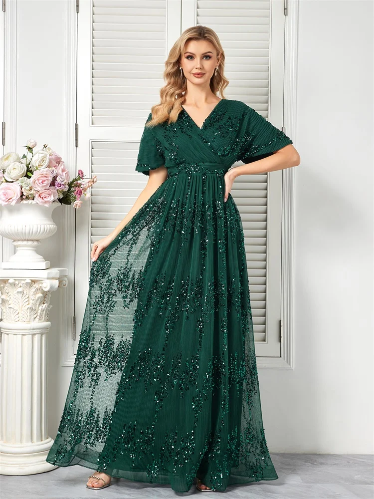 BLUEPLUM-vestido de noche verde brillante con cuello en V para mujer, vestido largo elegante de manga corta para fiesta, graduación, cóctel y graduación