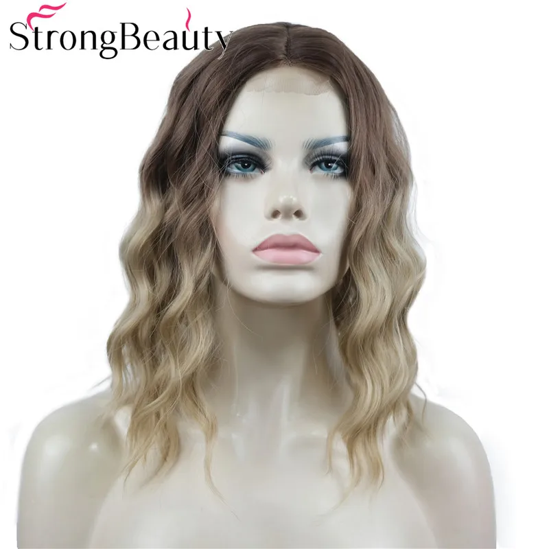 StrongBeauty Wavy Wigs with Lace Part Medium Length Hair Synthetic Lightweight Soft Heat Resistant Wowen Wig