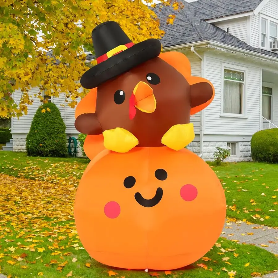 

5FT Tall Thanksgiving Inflatables Turkey Baby on Pumpkin with Builtin LEDs Blow Up Yard Decoration for Holiday Season Party Indo