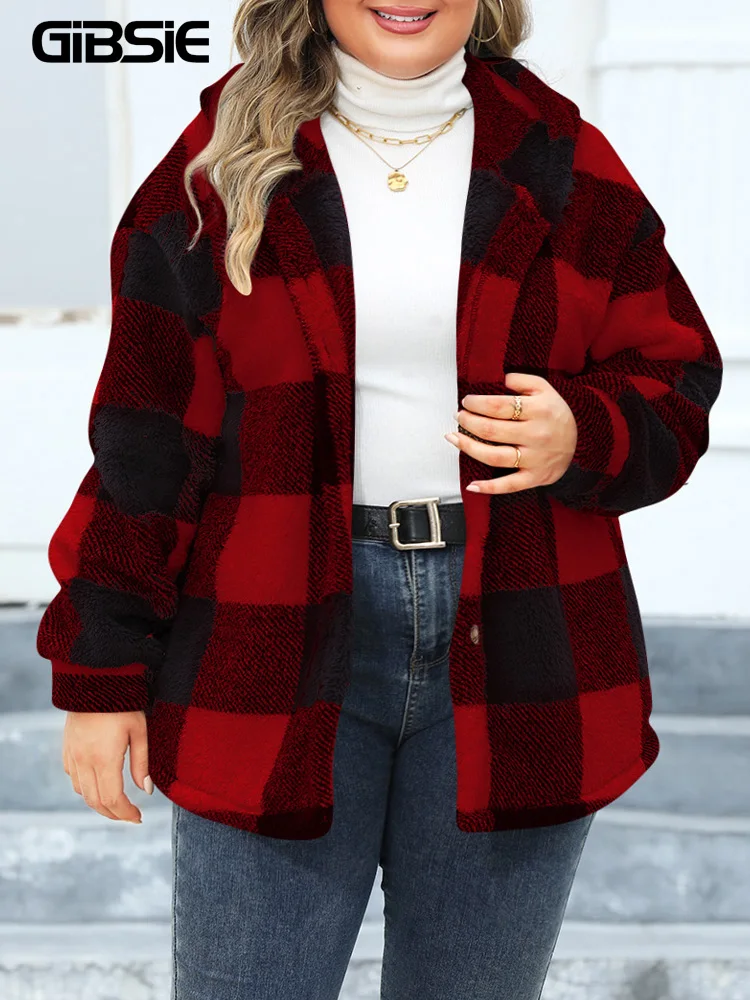 GIBSIE Plus Size Winter Plaid Coat Women New Autumn Single Breasted Hooded Jacket Woman Casual Long Sleeve Thick Warm Outerwear