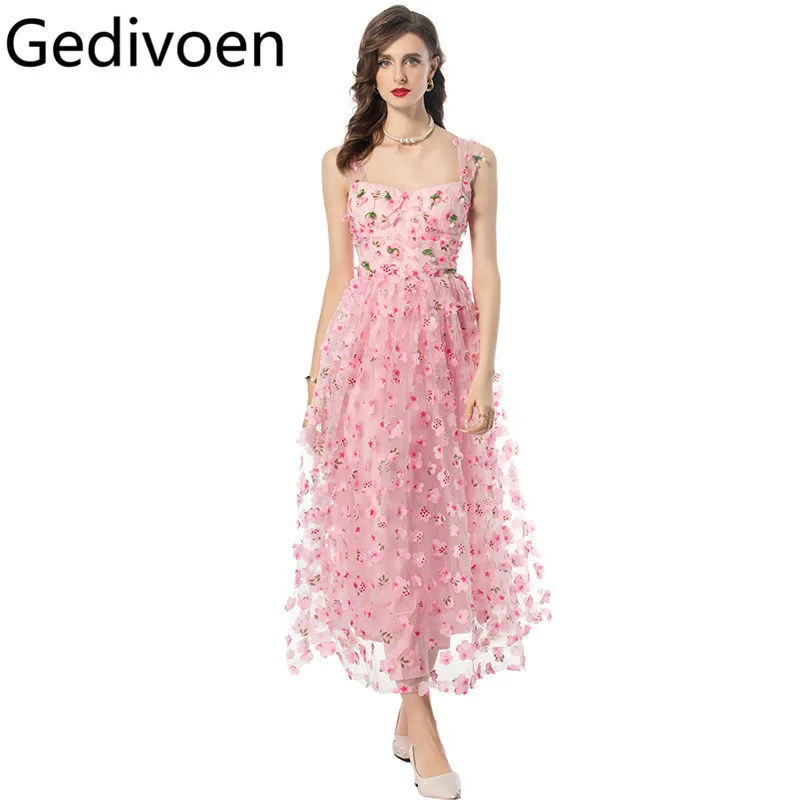 

Gedivoen Summer Fashion Runway Designer Dresses Women's Flowers Appliques Beading Net Yarn Princess Spaghetti Strap Dresses