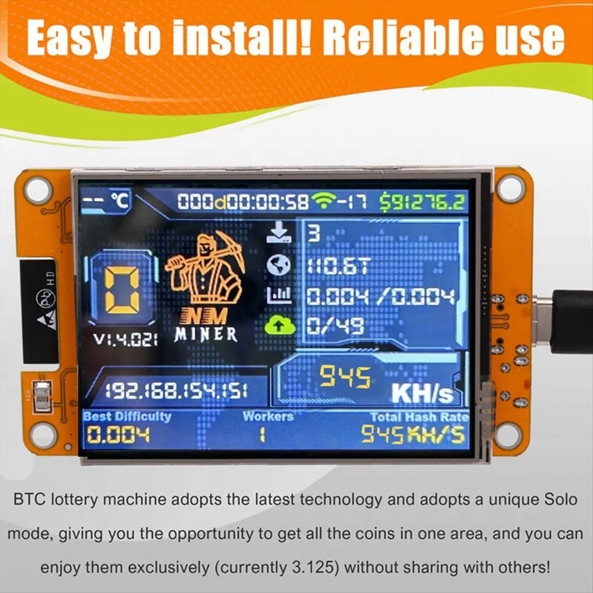 

ABAN NMMiner NerdMiner 945KH/S Harshrate 2,8-дюймовый интеллектуальный дисплей Bitcoin Crypto Solo Lottery Miner Модернизированный NerdMiner