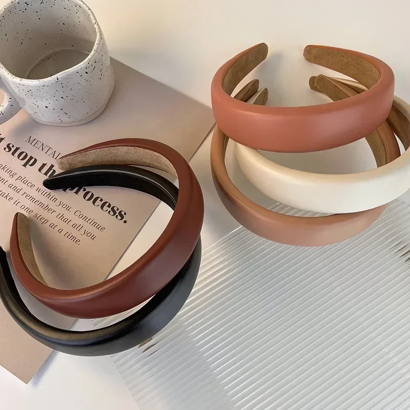 

Solid Color PU Leather Headbands Korean Style Women Girls Wide Hairbands Elegant Female Hair Hoop Fashion Accessories Headwear
