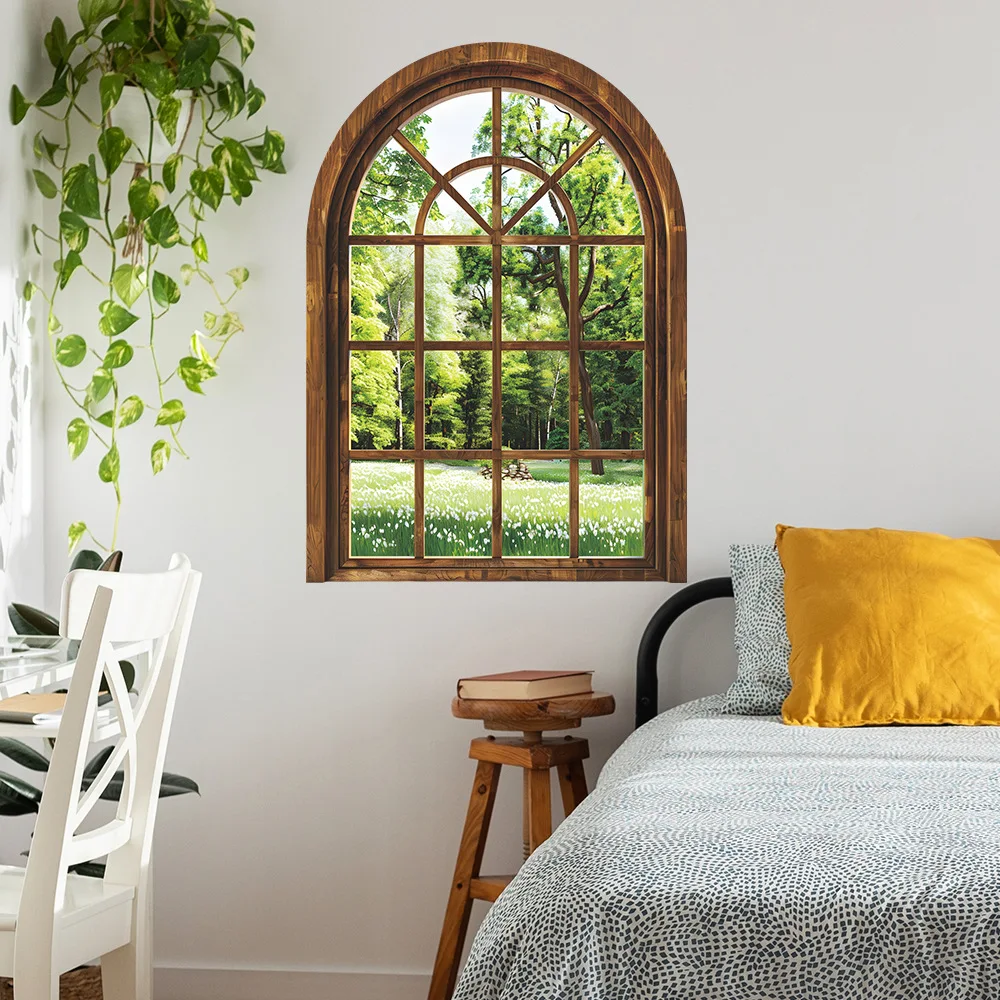 Fake Window Wall Stickers Plants Removable Faux Opening Windows for Office Living Room Bathroom Wall