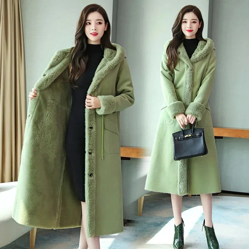 

Korean Fashion Skinny-looking Plus Fleece plus Thickening Long Over Knee Fur Integrated Coat Women's Winter Hoodie Padded Coat X