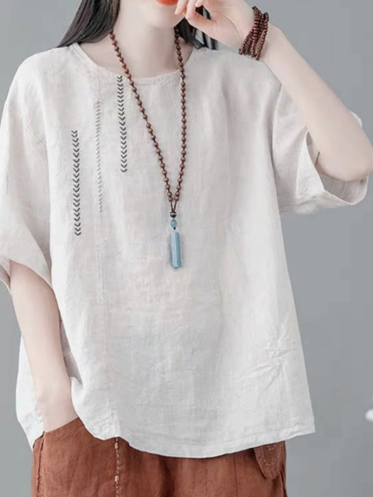 Algodão linho ort sve camiseta feminina casual solto overhead bordado topo vintage sle redondo ne fino verão irt