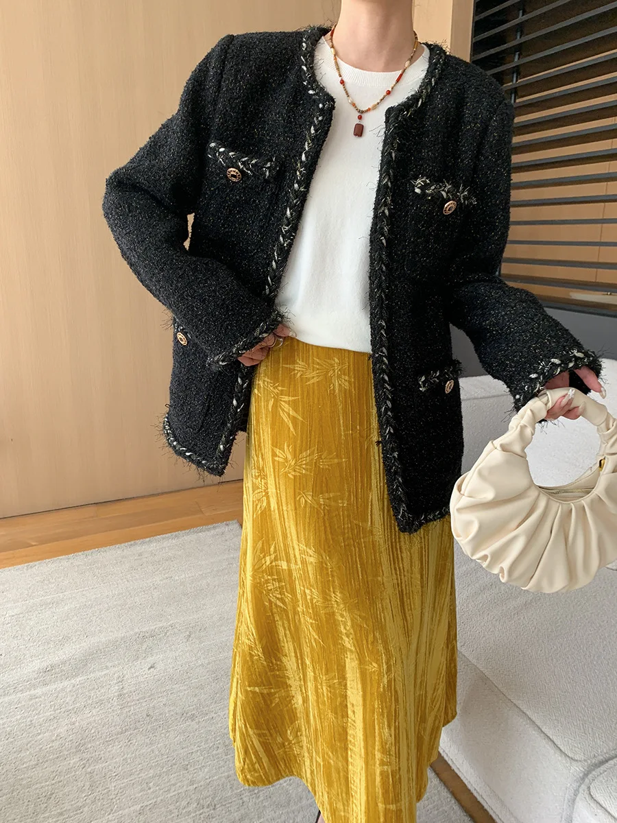 

Spring and Autumn Women's Casual Solid Color Round Neck Long Sleeve Pocket Decorative Jacket