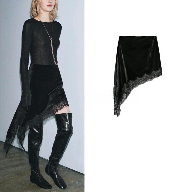 

mat Winter New Women's ort Asymmetric Lace Velvet f Skirt Ci Commuting Slim Fit Sle Polyester Fiber Skirt