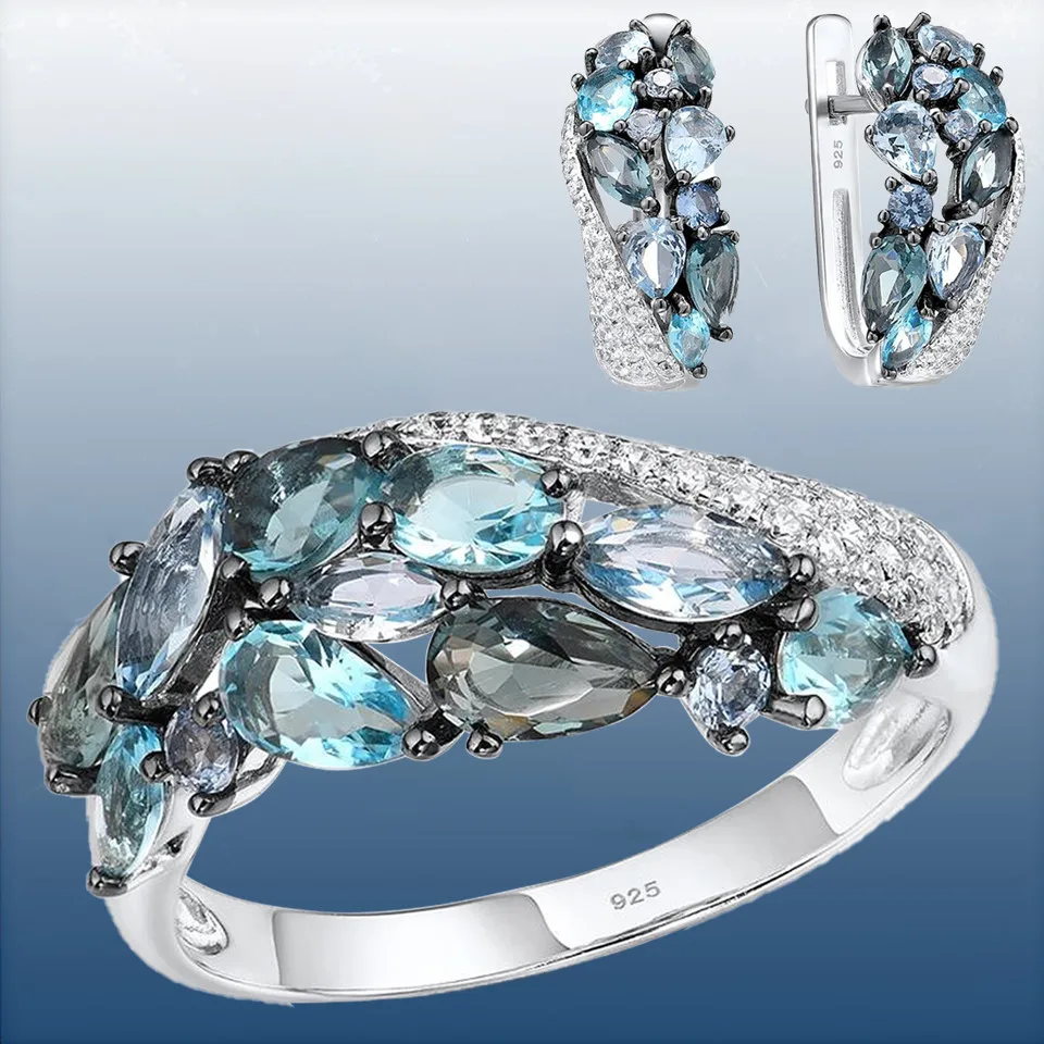 Luxury Designer Aquamarine Crystal Jewelry Set Wedding Engagement Ring Earrings Set Valentines Day Gift Jewelry Joyas Para Damas