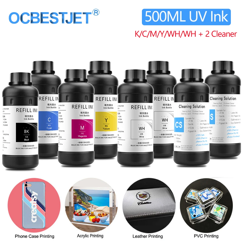 

8x500ml LED UV Ink For Epson 1390 1400 1410 R280 R290 R330 L800 L805 L1800 XP600 TX800 UV Printer(K C M Y WH WH + 2 UV cleaning)