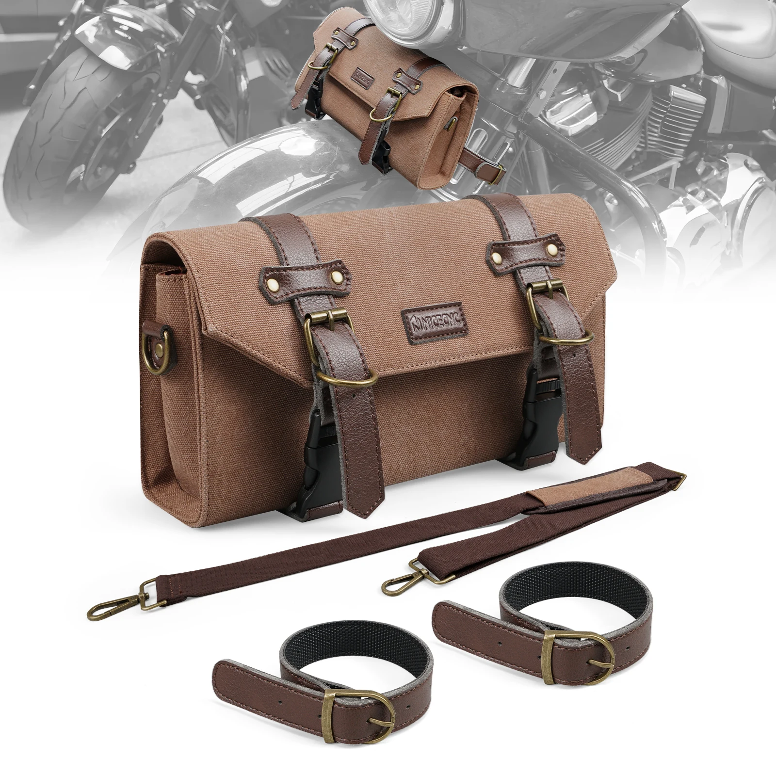 

NICECNC Motorcycle Handlebar Bag Universal Front Fork Bag Washable Canvas with Rivet Waterproof Large Capacity Easy to access