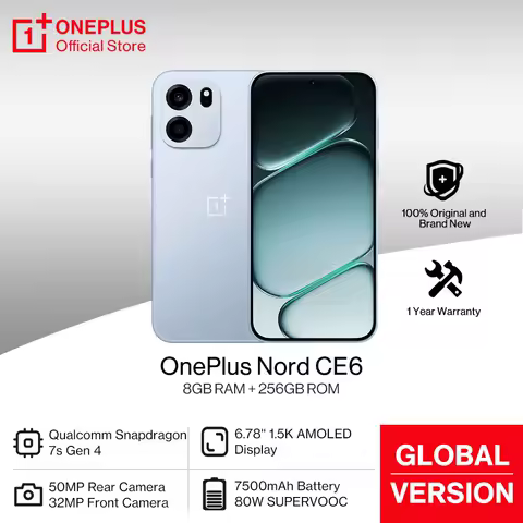 2026 New OnePlus Nord CE 6 Global Version Smartphone 6.78'' 1.5K AMOLED 144Hz Display Snapdragon 7s Gen 4 7500mAh Battery