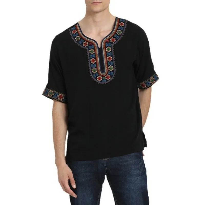 Men's Heavy-duty Embroidered Round Neck Top Summer Short Sleeved Top Men's Shirt Loose T-shirt