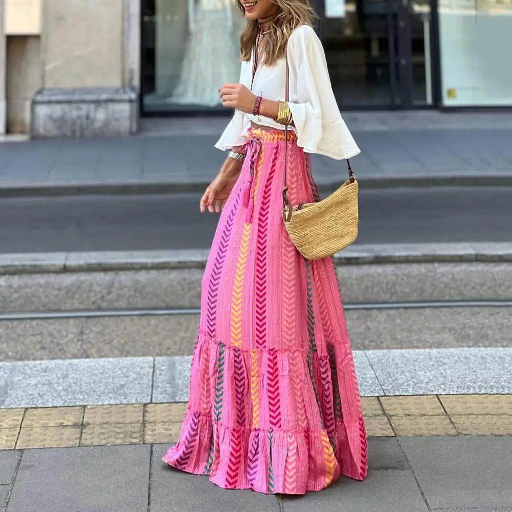 High Waist Skirt Colorful Print Bohemian Style Beach Long Dress with Elastic High Waist Drawstring for Women Vacation Skirt