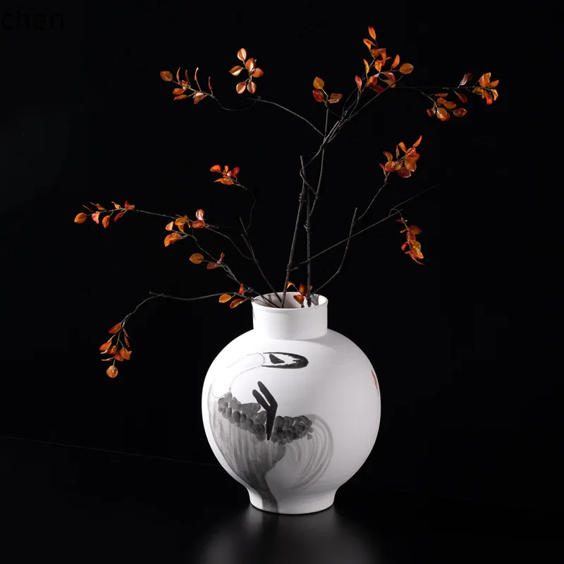 HXL Ceramic Ink Painting Vase Soft Decoration Living Room Office Entrance Flower Vessel