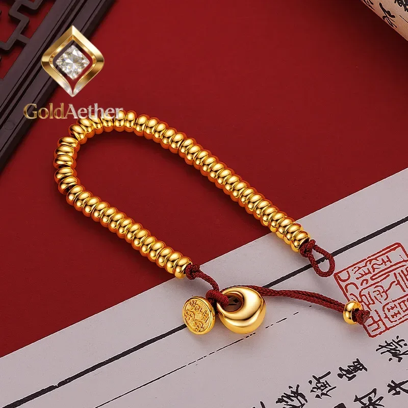 

Браслет GoldAether из чистого золота 9999 пробы (24K) для мужчин и женщин, новый, гладкий, с символикой мира, радости и денег, на красной нити, простой, китайский