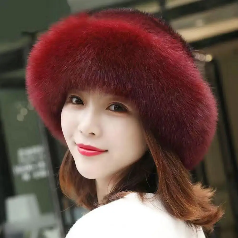 Women Hat Solid Color Fluffy Thickened Ear Protection Dome Winter Coldproof Elegant Russian Hat Faux Fur Headband Streetwear