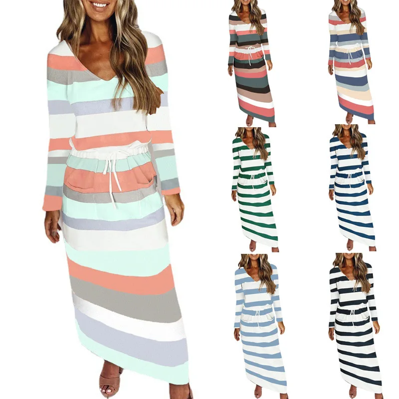 Autumn and Winter New Women's Casual V-Neck Loose Stripe Print Long Sleeve Dress High Waist Slim Elegant Dresses Female Lady