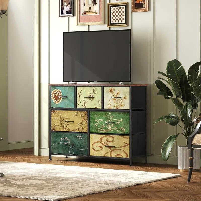 

7 Drawer Dresser TV Stand, Entertainment Center, Media Console Table With Metal Frame And Wood Top For TV Up To 45 Inch, C