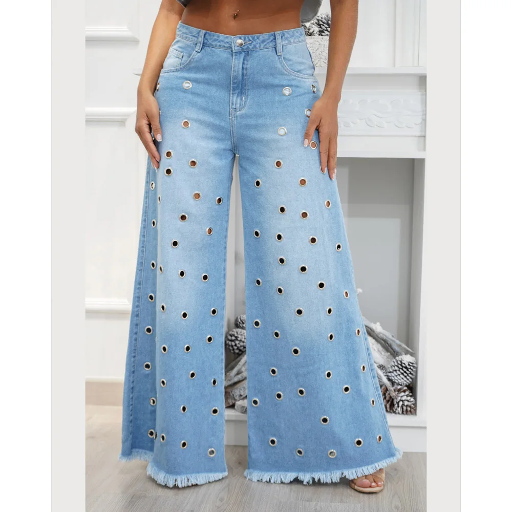 Y2k Streetwear Blue Jeans Woman Pants loose Wide leg pants Fashion designed Casual Denim Trousers Hole jeans 2024 NEW